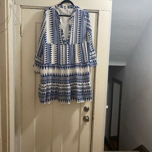 Blue and White Geometric Patterned Women's Top